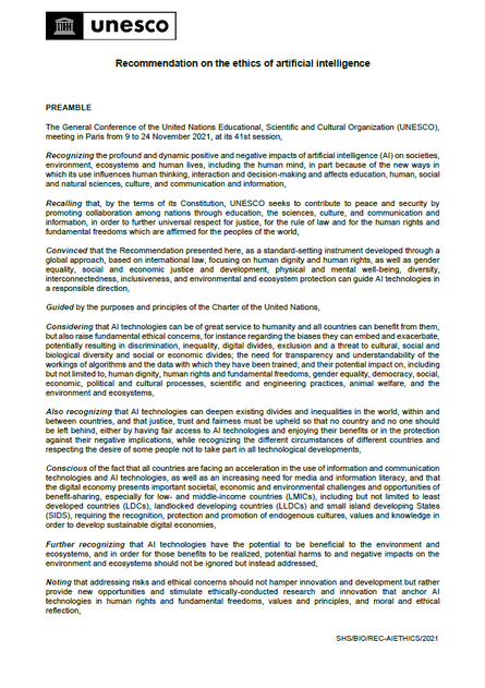 2021 Recommandation ethics AI UNESCO png