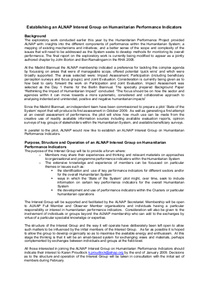 ALNAP 8th Review of Humanitarian Action, Establishing an ALNAP Interest ...