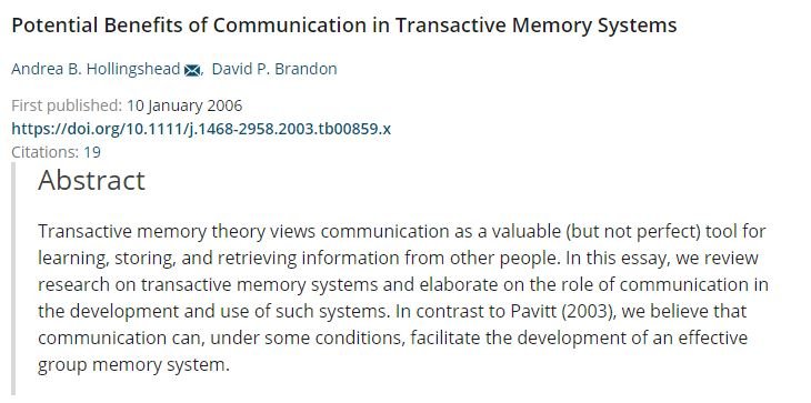 Transactive Memory Communication Potential benefits of communication in transactive memory systems | ALNAP