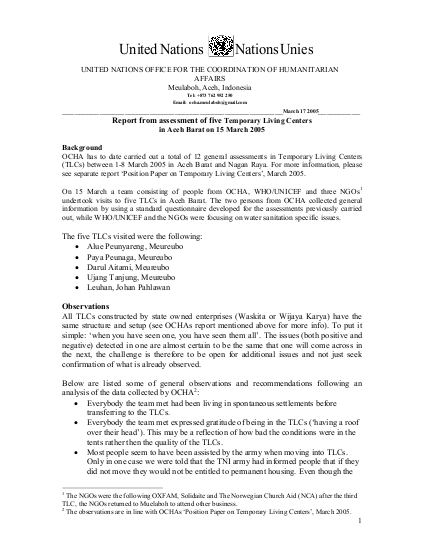 OCHA assessment of five TLCs in Aceh Berat png