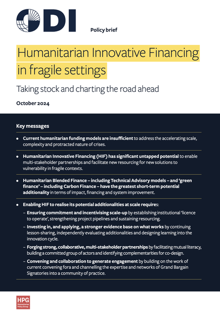 Humanitarian Innovative Financing in fragile settings: Taking stock and charting the road ahead