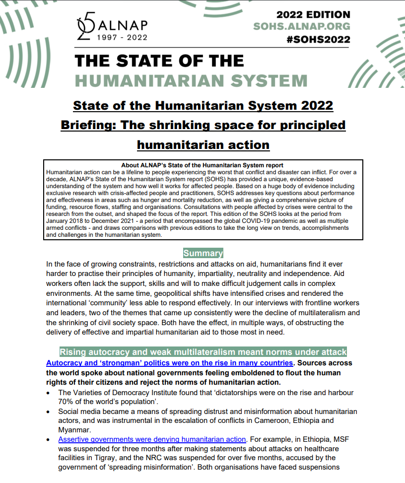 2022 The State of the Humanitarian System | Briefing: The shrinking ...
