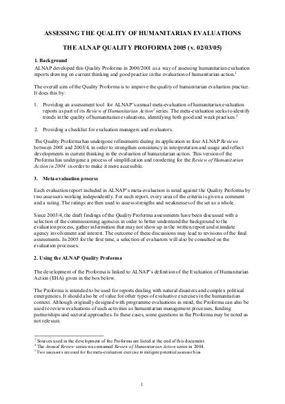 Assessing the Quality of Humanitarian Evaluations, The ALNAP Quality ...