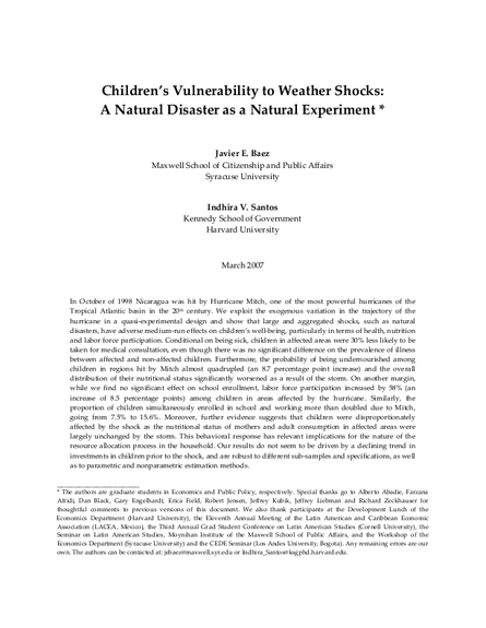 Children vulnerability to shocks hurricane mitch in nicaragua as a natural experiment png