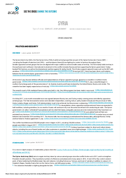 ACAPS Crisis Analysis of Syria | ALNAP