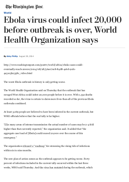 Ebola virus could infect 20%2C000 before outbreak is over%2C world health organization says the washington post png