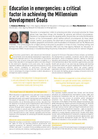 Education in emergencies a critical factor in achieving the millennium development goals png