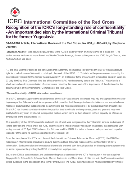 Recognition of the icrc%27 r the former yugoslavia png